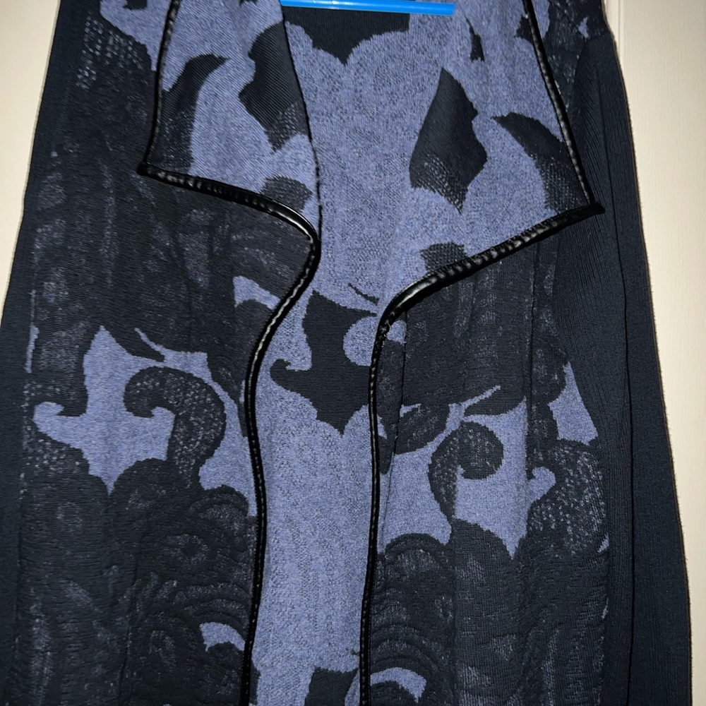 Chico's Black and Blue Floral Jacquard Open-Front Cardigan